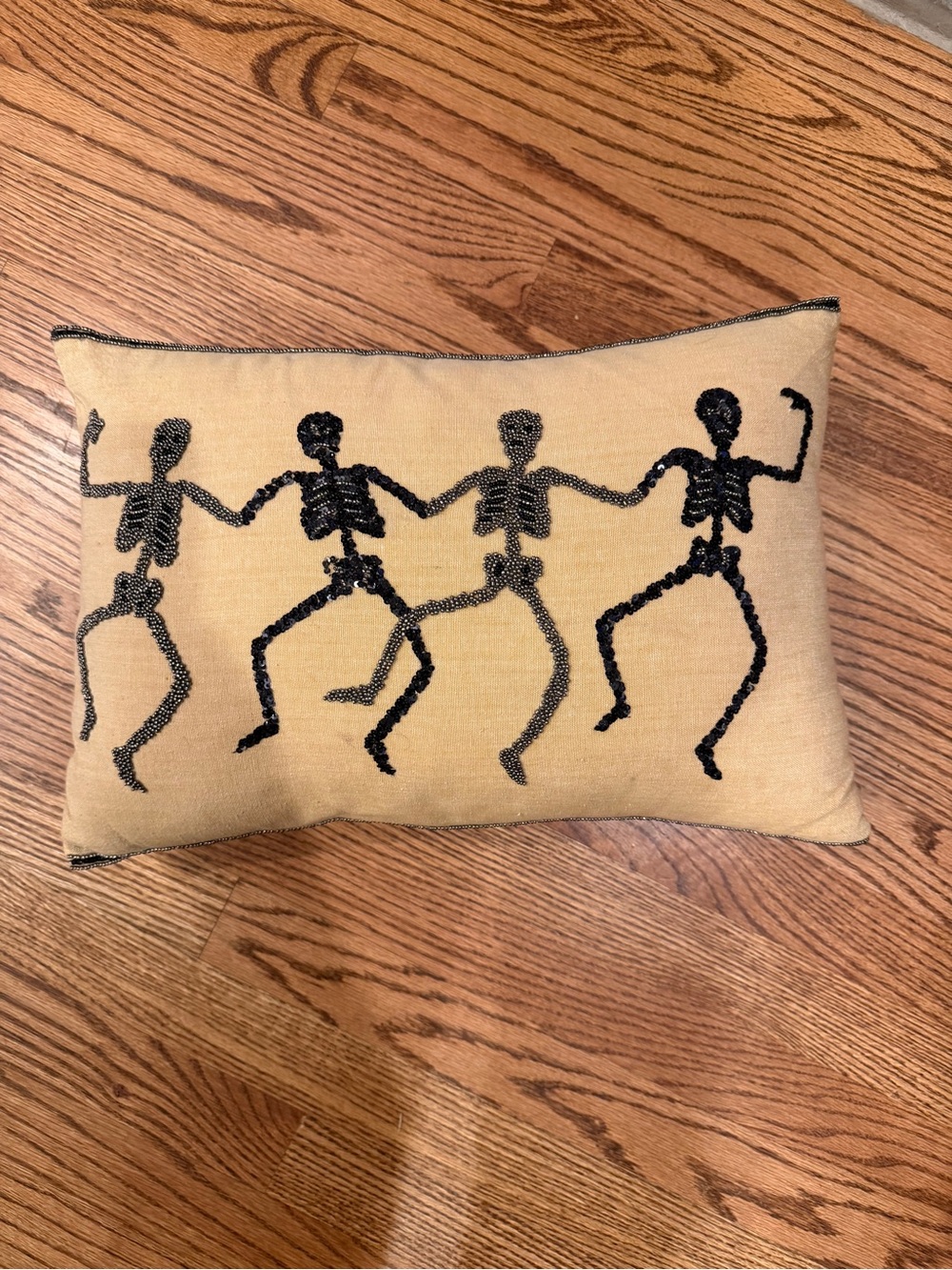 18" Tan Pillow w/ Beaded Skeletons Dancing Skeleton Embroidered Accent Pillow -